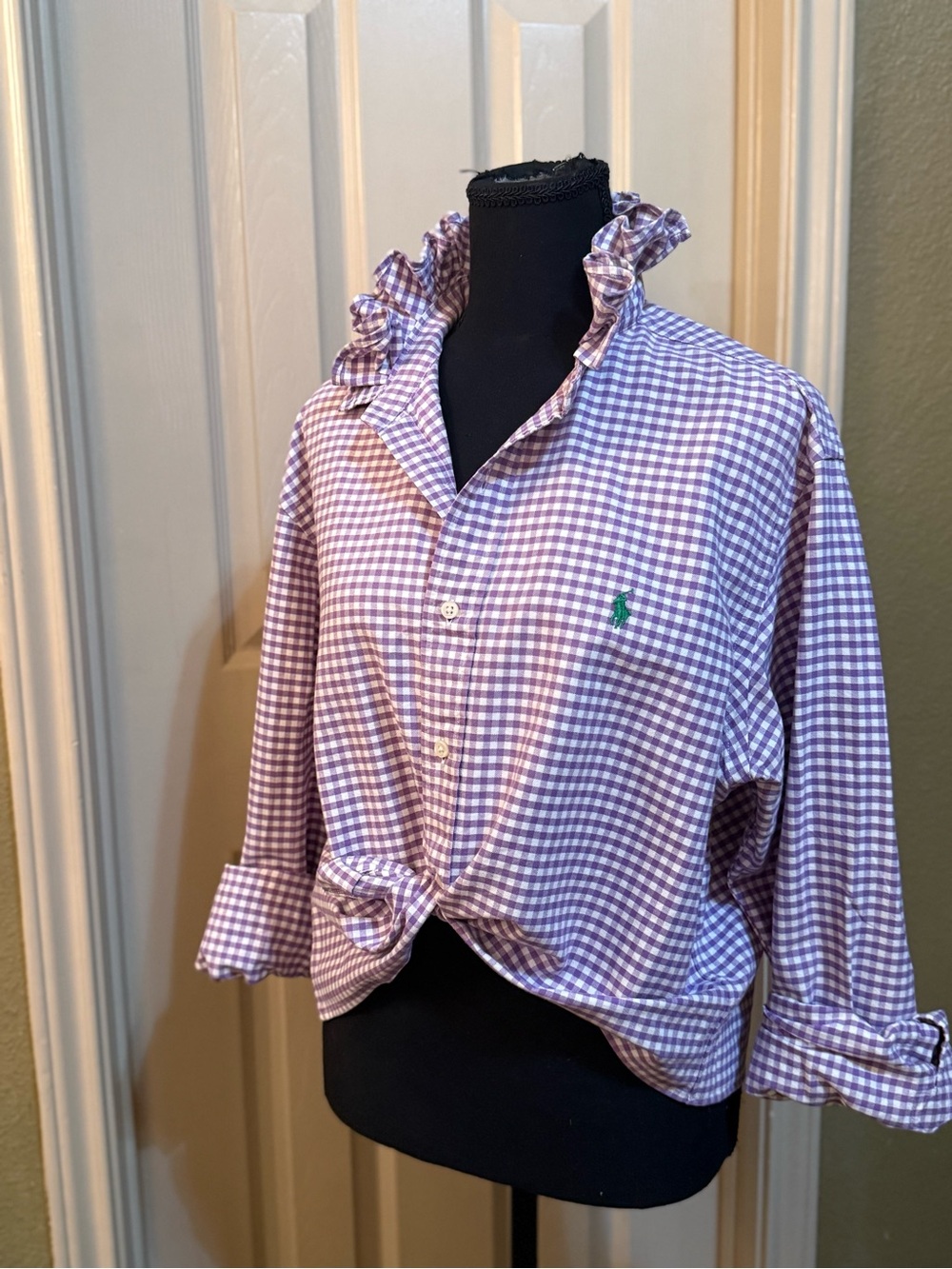 Upcycled Men’s Ralph Lauren Lavender and White Gingham Ruffle Collar Shirt - Picture 2 of 8